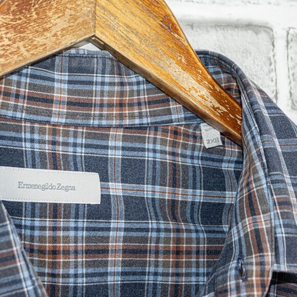 Ermenegildo Zegna Men's 2XB Button up Shirt Blue Plaid Cotton - Picture 3 of 7